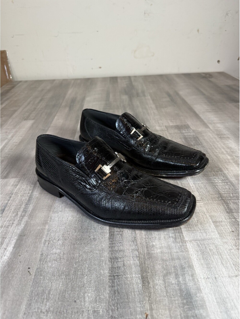 David Eden Crocodile Leather Dress Shoe Black Square Toe Metal Horsebit Men’s 10
